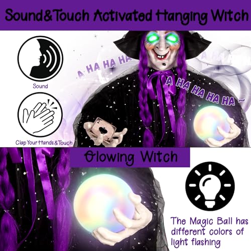 71-Inch Hanging Talking Animatronic Witch with Sound Activation and Glowing Eyes
