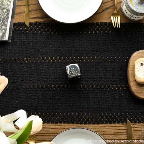 Black Woven Farmhouse Table Runner 12x72 Inch - Durable Cotton Polyester Decor