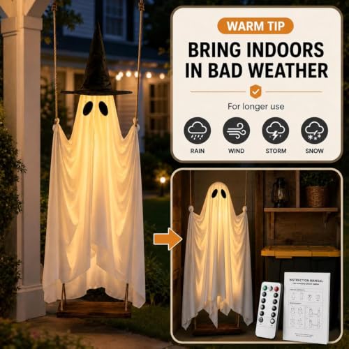 5 Ft Swinging Ghost Halloween Decoration with LED Lights & Removable Witch Hat