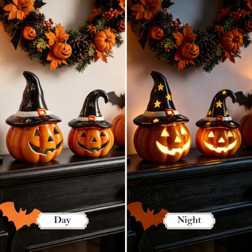 Halloween Pumpkin Lights Set of 2 Ceramic Jack O Lantern Lamps Indoor Decor