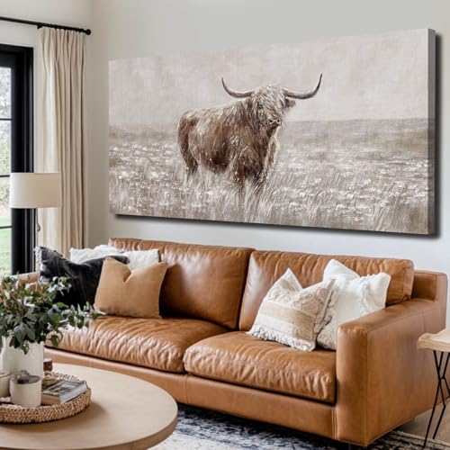 Highland Cow Canvas Wall Art Rustic Decor - Brown, 48 x 24 Inches