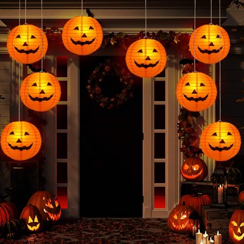 12-Pack Halloween Pumpkin Paper Lanterns - 8 Inch Orange & Black Decorations
