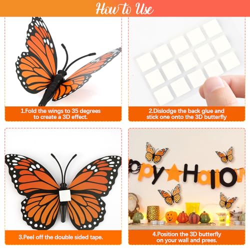 Orange Monarch Butterfly Wall Decor Set - 3D Halloween Butterfly Decorations, 12 Pieces