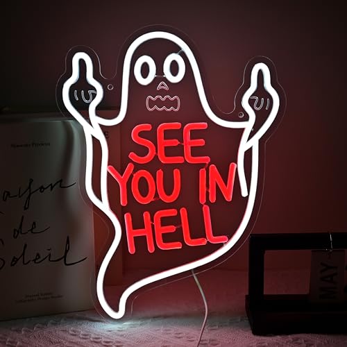 See You In Hell Neon Sign - Spooky Middle Finger LED Wall Decor - Variation: See Hell