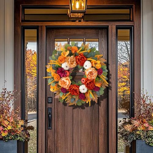 Fall Peony Wreath - 24 Inch Autumn Front Door Wreath with Orange Peony & Burgundy Dahlias