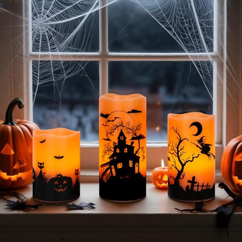 Orange Rechargeable Flameless Candle Set - Halloween Flickering LED with Timer