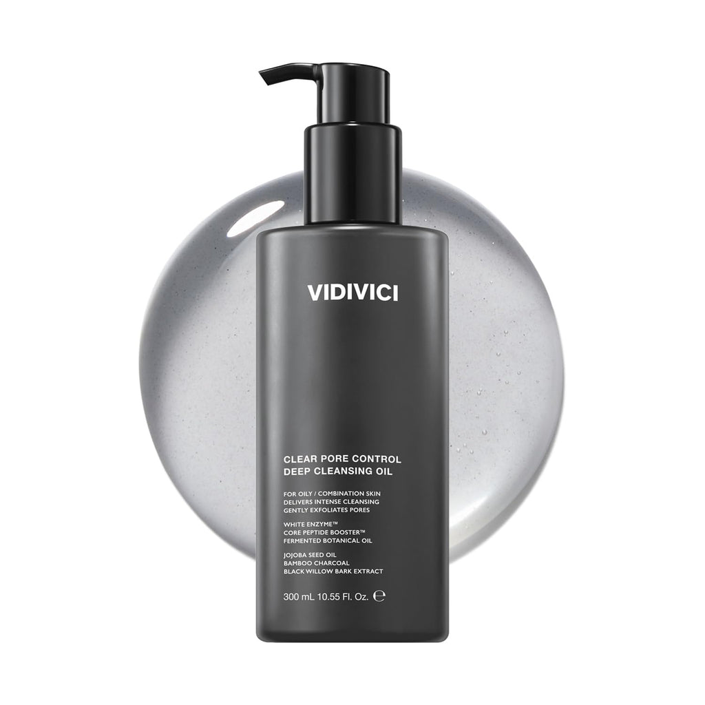 VIDIVICI Clear Pore Control Deep Cleansing Oil 10.14 fl.oz | Makeup remover with blackhead care, Korean facial cleanser for oily skin, Sebum control with Bamboo Charcoal Powder, Korean skin care