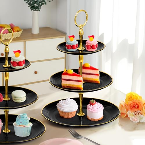 Black Gold 3-Tier Cupcake Stand Plastic Dessert Display for Parties
