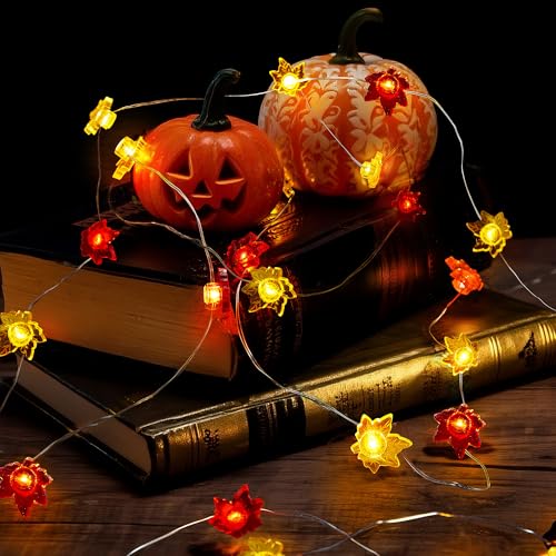 Fall Decorations for Home 12.8FT 40 LED Maple Leaf String Lights - Battery Operated with Timer
