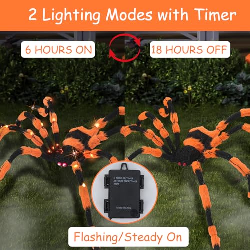 Giant Orange Spider Halloween Decoration 60” Lighted Prop with Red Eyes & LED Lights
