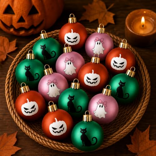 Halloween Ball Ornaments Set - 15 Pcs 2.36 Inch Dark Green Pink Orange Decorations