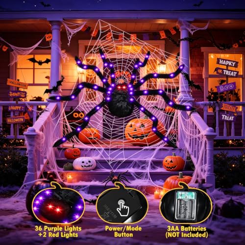 Judilo 4.9FT Giant Halloween Spider Decoration with 38 LED Lights - Black, 1 Pack