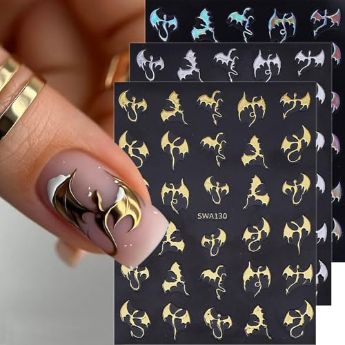 Halloween Nail Stickers for Nail Art Metallic Bat & Dragon Decals 6 Sheets