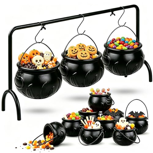 Halloween Cauldron Decorations Set with 12 Plastic & Metal Buckets for Party & Trick-or-Treating