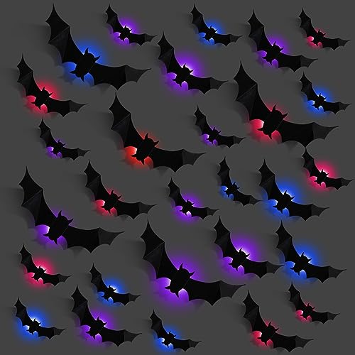 Makevivi 24-Pack LED Halloween Bat Decorations 3D Wall Lights for Door & Window - Bat / 60 Pcs