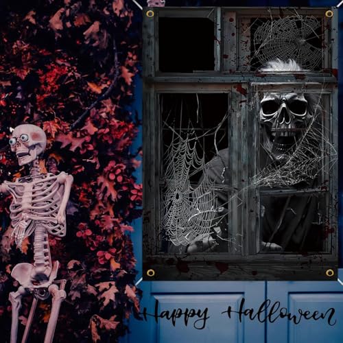 Halloween Window Cover - Skeleton Ghost Poster for Indoor & Outdoor Party - Terror C