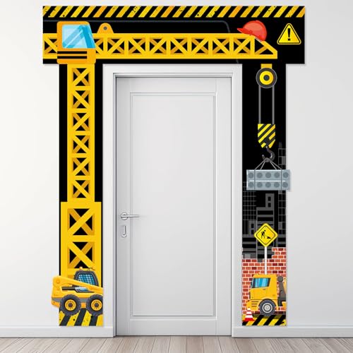 Construction Door Banner Set - Party Decorations for Construction Theme Events - Includes Top & Porch Banners - Yellow Excavator Design - Variation: Construction
