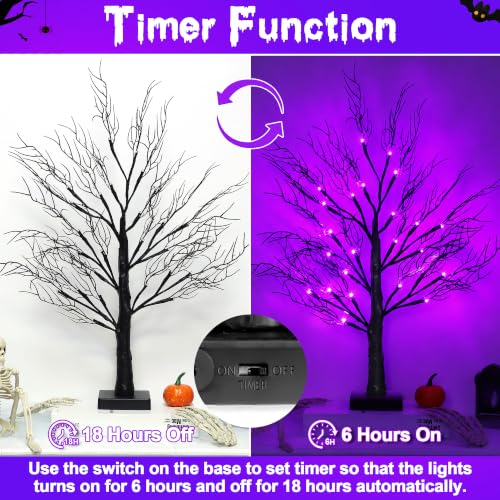 Purple Halloween Black Tree Decorations 24 Inch 2 Pack with Lights & Timer
