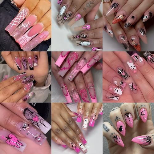 Halloween Nail Art Stickers - Pink Glitter Pumpkin Ghost Spider Web Bat Design - Bat Variation