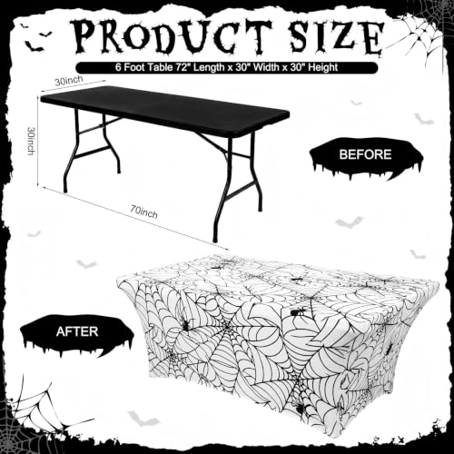 Halloween Spiderweb Tablecloth 6ft White Stretch Cover — 2 Pack, Spiderweb Design, Reusable