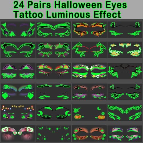 Glow in the Dark Halloween Luminous Eye Shadow Tattoos - 24 Pairs Spider Web Bat Design