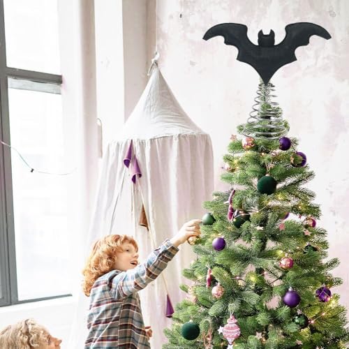 Halloween Bat Tree Topper - Black Felt Bat with Metal Base, 8.6 Inch Spooky Decor - Variation: Black
