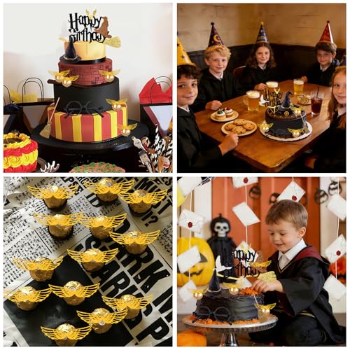 Wizard Cake Topper 14PCS Magical Wizard Party Decorations for Halloween & Birthday - Gold & Glasses Variation 2