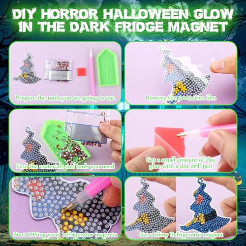 Halloween Diamond Art Magnet Set - Witch Hat Glow in Dark Magnets, 30 Pieces, Versatile Sizes