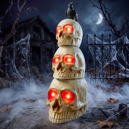 Stackable Skeleton Decor with Glowing Skulls and Crow for Halloween Yard Indoors