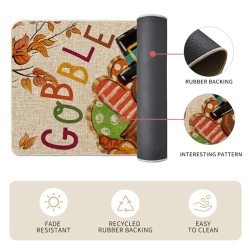 Set of 2 Thanksgiving Kitchen Rugs - Turkey Pumpkin Maple Leaves Floor Mats