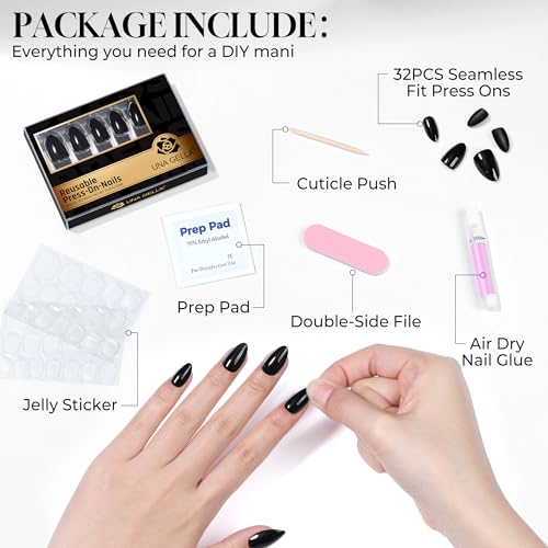 Black Almond Press-On Nails Set - Reusable False Nails with 16 Sizes, Black Diamond Variation