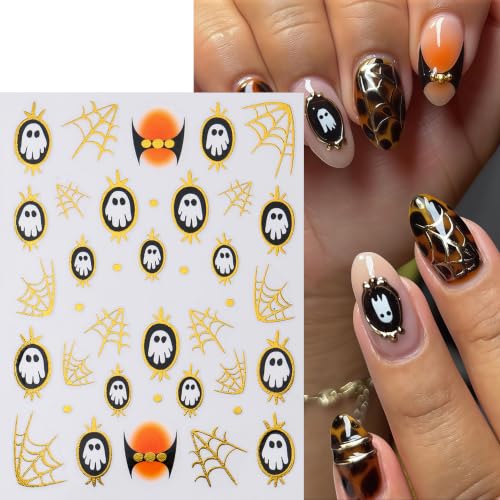 Halloween Ghost Nail Stickers Set - Gold Spider Web Design & Embossed Pumpkin, 4 Sheets with Variation - DIY Nail Art Decorations