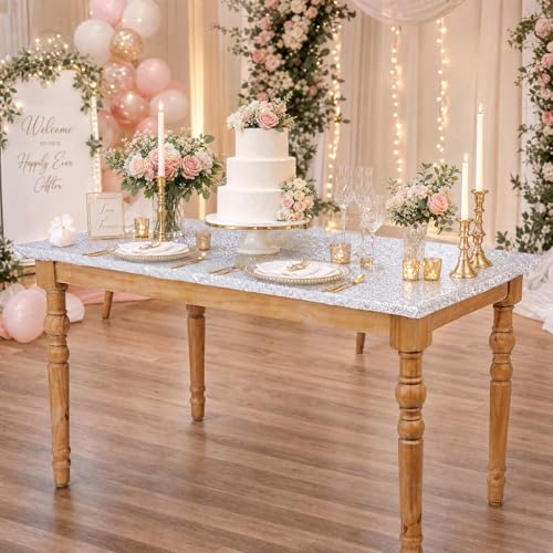 Silver Sequin Fitted Tablecloth for 4ft Rectangular Table - Elastic & Windproof