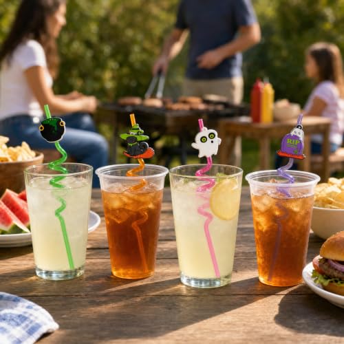 Halloween Theme Plastic Curly Drinking Straws with Charms - 16 Pcs Reusable
