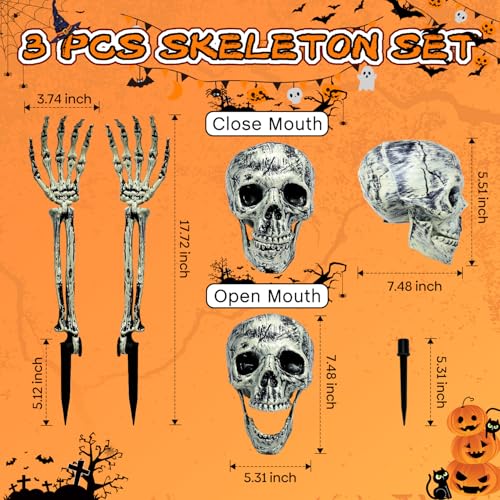 Outdoor Skeleton Decorations Set with Skull & Adjustable Arms for Halloween Yard Scare