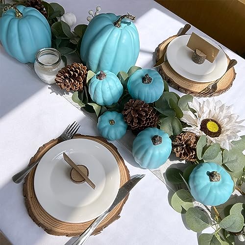Assorted Teal Blue Artificial Pumpkins Halloween Fall Decor - 7 Pcs, Coastal Style