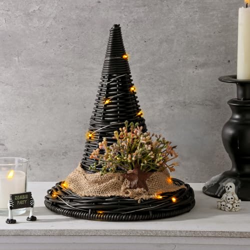 Rustic Halloween Witch Hat Decor with LED Lights - Indoor Table Centerpiece