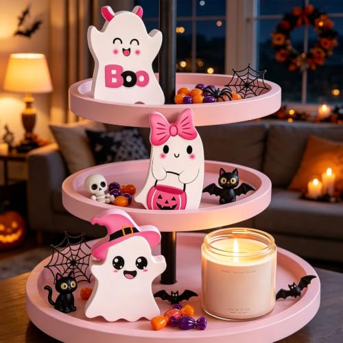 Halloween Ghost Decorations Set - 3 Pink Indoor Spooky Decor with Variation D