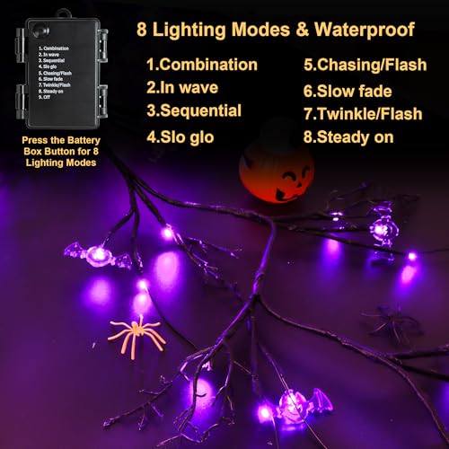 9 FT Halloween Willow Vine Garland with Bats Purple Lights - Timer & 8 Modes - Indoor Outdoor Decor