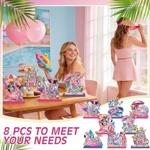 Pink Halloween Skeleton Table Decorations - 8 Pcs Summer Beach Centerpieces with Base - Blush Skeletons for Party