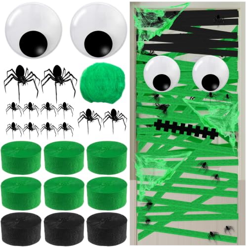 Halloween Mummy Door Cover Decor Set with Giant Eyeballs Bats - Black+Green Variation