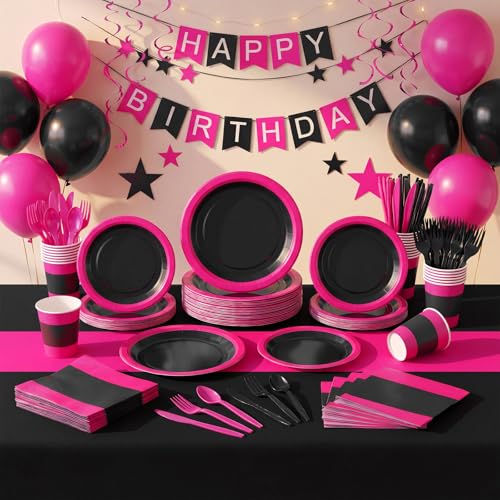 Hot Pink and Black Party Supplies Kit - 452 Pieces for 50 Guests - Pink & Black Theme