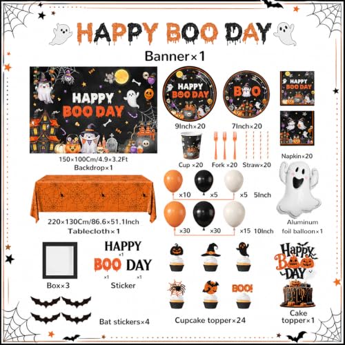 Halloween Birthday Party Decorations Kit with Banner Balloons Plates Napkins - Happy Boo Day Variation