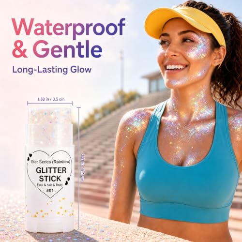 Rainbow White Glitter Stick for Face Hair Body - Sparkly, Mess-Free, Waterproof