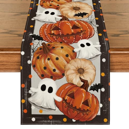 Halloween Table Runner 13x108 Inch Black Beige Durable Polyester Party Decor