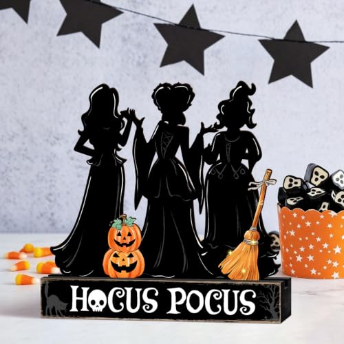 Halloween Witch Sisters Wooden Sign with Spooky Silhouettes - Centerpiece Decor