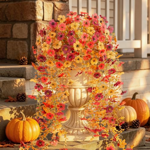 Autumn Artificial Flowers Set - Sunset, Dark Red & Dark Yellow Faux Silk Mums - 2PCS