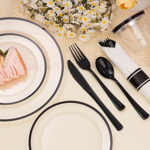 Black and Clear Disposable Plastic Plate Set for 25 Guests - 175 Pieces