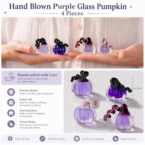 Purple Glaze Pumpkin Figurine Set - Halloween Home Decor - 4 Pieces