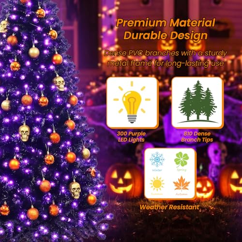 Black 6ft Artificial Christmas Tree with Purple LED Lights, Full Branch Tips & Metal Stand - Halloween & Holiday Decor